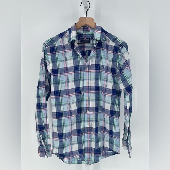 Vineyard Vines Classic Fit Whale Shirt Button Down Men's XS Blue Plaid - Picture 1 of 4